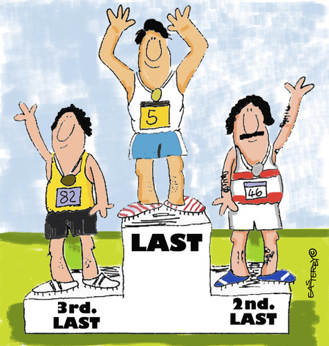 Cartoon: EVERYBODY IS A WINNER (medium) by EASTERBY tagged sports,rostrum,prizes,medals,gewinner,verlierer,sport
