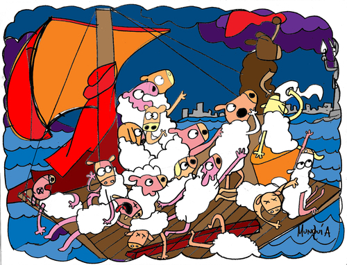 Cartoon: American Dream (medium) by Munguia tagged de,la,croix,eugene,medusa,sheeps,american,dream,sail,boat,balsero