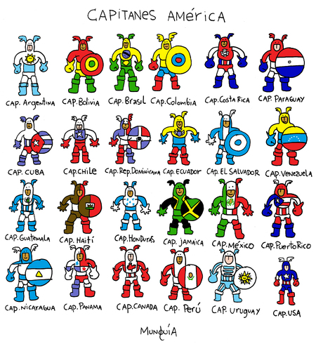 Cartoon: Captains America (medium) by Munguia tagged america,latina,north,central,costa,rica,jamaica,honduras,bolivia,argentina,chile,cuba,canada,el,salvador,guatemala,nicaragua,brasil,brazil,eua,usa,comic,super,heroes,venezuela,colombia,peru,puerto,rico,paraguay,uruguay,haiti