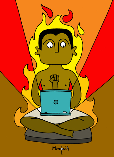 Cartoon: Digital Scribba on Fire (medium) by Munguia tagged seated,scribba,egypt,arab,spring,revolution,digital,fire,network