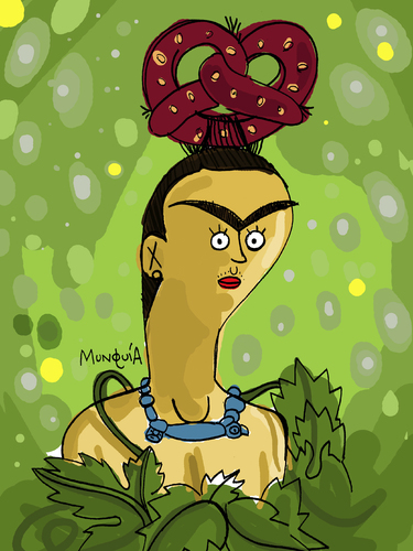 Cartoon: Frida with Pretzel (medium) by Munguia tagged frida,kahlo,braid,haircut,crazy,hair,pretzel