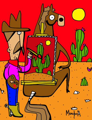 Cartoon: Horse Back Painting (medium) by Munguia tagged caballete,caballo,munguia,costa,rica,horse,back,painting,pintura,pintor,pinter,picture,sunset,desert,cactus