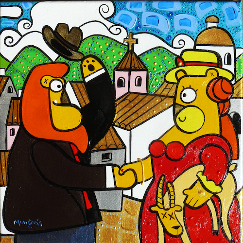 Cartoon: Leon Cortes (medium) by Munguia tagged man,and,woman,hombre,mujer,fernando,botero,lion,hand,shake,saludo,hola,hi