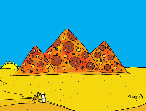 Cartoon: pizza pyramids (medium) by Munguia tagged pizzapitch,pizza,pyramids,egypt,camel,desert,food