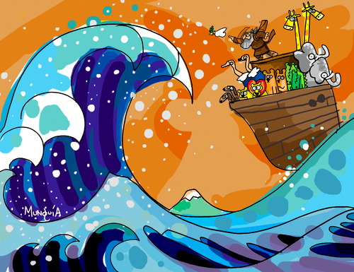 Cartoon: this way! (medium) by Munguia tagged tsunami,zoo,animals,calcamunguias,munguia,parody,parodies,art,curving,japon,painting,turbulento,mar,wave,big,hokusai,noe,ark,noah