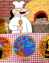 Cartoon: culinary arts (small) by Munguia tagged pizzapitch,oven,chef,kitchen,cook,art,paintings,van,gogh,starry,night,mona,lisa,da,vinci,scream,munch,munguia,cartoon,pizza,food,artist
