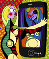 Cartoon: Girl Before an I-Phone (small) by Munguia tagged pablo,picasso,girl,before,mirror,phone,parody,famous,painting,art