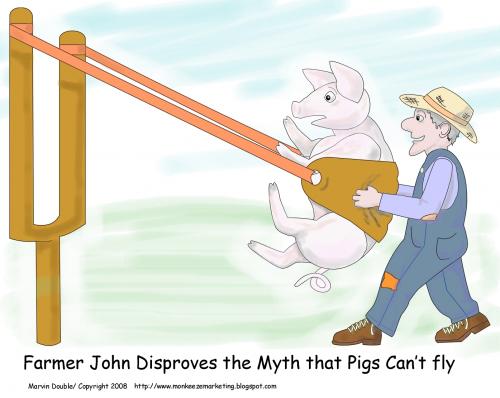 Cartoon: Getting Pigs to Fly (medium) by mdouble tagged humor,cartoon,funny,fun,joke,gag,silly,pigs,pig,fly,flying,farmer,slingshot,