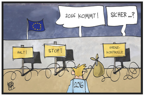 Cartoon: 2016 kommt (medium) by Kostas Koufogiorgos tagged karikatur,koufogiorgos,illustration,cartoon,2016,silvester,neujahr,eu,europa,flüchtling,einreise,papiere,grenze,zaun,karikatur,koufogiorgos,illustration,cartoon,2016,silvester,neujahr,eu,europa,flüchtling,einreise,papiere,grenze,zaun