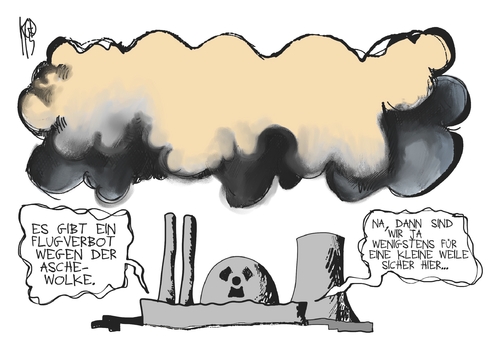 Cartoon: AKW-Stresstests (medium) by Kostas Koufogiorgos tagged island,vulkan,asche,akw,atomkraftwerk,nuklear,energie,sicherheit,stresstest,eu,europa,flugzeug,flugverkehr