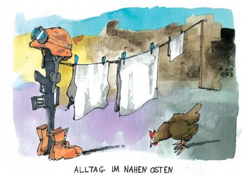 Cartoon: Alltag im Irak (medium) by Kostas Koufogiorgos tagged irak,krieg,usa,irak,krieg,usa,alltag,wäsche,waffen,panzer,ausrüstung,huhn,wäscheleine