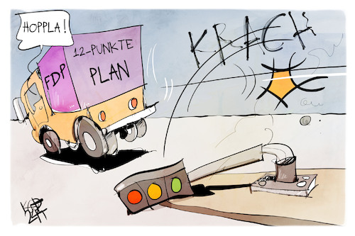 Cartoon: Ampel-Crash (medium) by Kostas Koufogiorgos tagged karikatur,koufogiorgos,fdp,ampel,crash,streit,plan,karikatur,koufogiorgos,fdp,ampel,crash,streit,plan