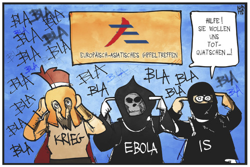 Cartoon: ASEM-Gipfel (medium) by Kostas Koufogiorgos tagged karikatur,koufogiorgos,illustration,cartoon,asem,gipfel,ebola,is,krieg,tod,politik,virus,terrorismus,krankheit,krise,karikatur,koufogiorgos,illustration,cartoon,asem,gipfel,ebola,is,krieg,tod,politik,virus,terrorismus,krankheit,krise