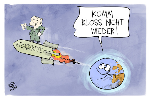 Atomrakete (medium) Cartoon: Atomrakete (medium) by Kostas Koufogiorgos tagged karikatur,koufogiorgos,rakete,atom,marschflugkörper,putin,welt,abschied,karikatur,koufogiorgos,rakete,atom,marschflugkörper,putin,welt,abschied