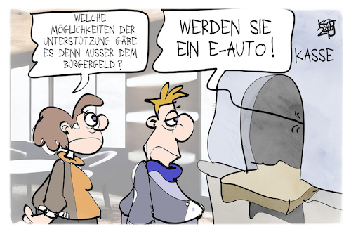 Cartoon: Bürgergeld (medium) by Kostas Koufogiorgos tagged karikatur,koufogiorgos,buergergeld,subvention,eauto,elektromobilität,sozialstaat,kasse,geld,unterstützung,karikatur,koufogiorgos,buergergeld,subvention,eauto,elektromobilität,sozialstaat,kasse,geld,unterstützung