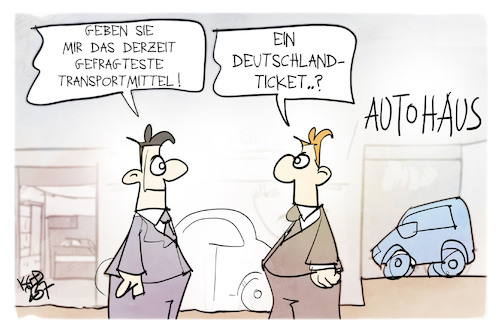 Cartoon: Deutschlandticket (medium) by Kostas Koufogiorgos tagged karikatur,koufogiorgos,deutschlandticket,autohaus,verkehr,bahn,auto,karikatur,koufogiorgos,deutschlandticket,autohaus,verkehr,bahn,auto
