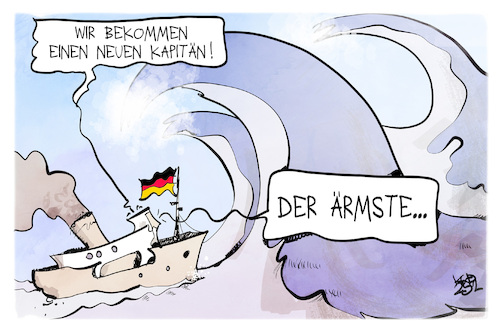 Cartoon: Ein neuer Kapitän (medium) by Kostas Koufogiorgos tagged karikatur,koufogiorgos,kapitän,schiff,wellen,gefahr,see,wasser,karikatur,koufogiorgos,kapitän,schiff,wellen,gefahr,see,wasser