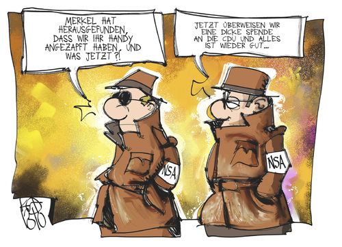 Cartoon: Eine Spende von der NSA (medium) by Kostas Koufogiorgos tagged nsa,cdu,merkel,spende,skandal,affäre,agent,handy,karikatur,koufogiorgos,spionage,nsa,cdu,merkel,spende,skandal,affäre,agent,handy,karikatur,koufogiorgos,spionage
