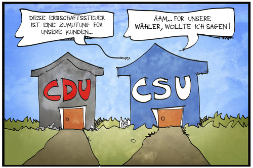 Cartoon: Erbschaftsteuer (medium) by Kostas Koufogiorgos tagged karikatur,koufogiorgos,illustration,cartoon,erbschaft,erbschaftssteuer,csu,partei,haus,bayern,kunde,wähler,politik,steuer,klientel,populismus,karikatur,koufogiorgos,illustration,cartoon,erbschaft,erbschaftssteuer,csu,partei,haus,bayern,kunde,wähler,politik,steuer,klientel,populismus