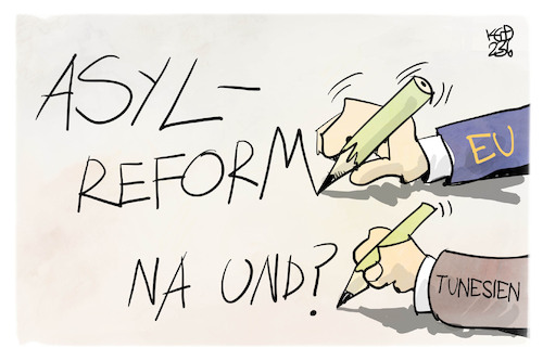 Cartoon: EU-Asylreform (medium) by Kostas Koufogiorgos tagged karikatur,koufogiorgos,eu,asylreform,tunesien,stift,europa,migration,grenze,karikatur,koufogiorgos,eu,asylreform,tunesien,stift,europa,migration,grenze