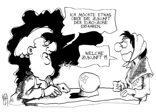 Cartoon: Eurozone (medium) by Kostas Koufogiorgos tagged koufogiorgos,kostas,karikatur,europa,zukunft,merkel,wahrsagerin,krise,schulden,zone,euro