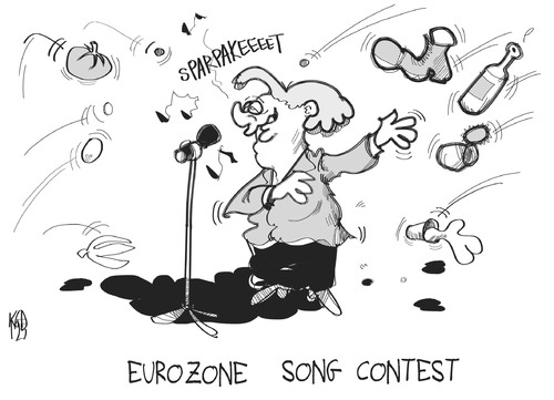 Cartoon: Eurozone Song Contest (medium) by Kostas Koufogiorgos tagged merkel,esc,contest,song,eurozone,politik,baku,aserbaidschan,schulden,krise,euro,europa,wirtschaft,karikatur,kostas,koufogiorgos,eurovision song contest,baku,schulden,krise,merkel,eurovision,song,contest