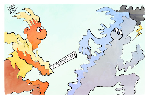 Cartoon: Extremwetterlage (medium) by Kostas Koufogiorgos tagged karikatur,koufogiorgos,wetter,feuer,wasser,regen,staffel,klima,karikatur,koufogiorgos,wetter,feuer,wasser,regen,staffel,klima