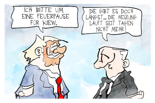 Cartoon: Feuerpause (medium) by Kostas Koufogiorgos tagged karikatur,koufogiorgos,putin,trump,feuerpause,kiew,heizung,karikatur,koufogiorgos,putin,trump,feuerpause,kiew,heizung