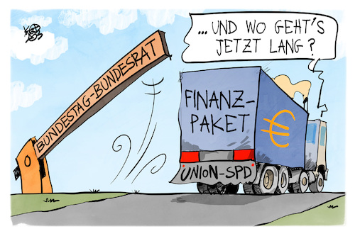 Cartoon: Finanzpaket (medium) by Kostas Koufogiorgos tagged karikatur,koufogiorgos,bundesrat,bundestag,finanzpaket,lkw,richtung,strasse,schranke,karikatur,koufogiorgos,bundesrat,bundestag,finanzpaket,lkw,richtung,strasse,schranke