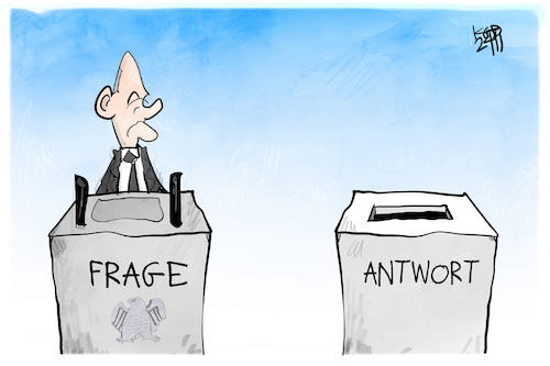 Cartoon: Frage und Antwort (medium) by Kostas Koufogiorgos tagged karikatur,koufogiorgos,frage,vertrauensfrage,antwort,wahlurne,rednerpult,bundestag,demokratie,scholz,karikatur,koufogiorgos,frage,vertrauensfrage,antwort,wahlurne,rednerpult,bundestag,demokratie,scholz