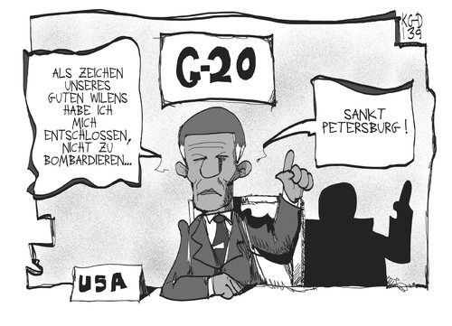 Cartoon: G20-Gipfel (medium) by Kostas Koufogiorgos tagged obama,gipfel,g20,petersburg,russland,usa,bombardierung,konflikt,krieg,karikatur,koufogiorgos,obama,gipfel,g20,petersburg,russland,usa,bombardierung,konflikt,krieg,karikatur,koufogiorgos