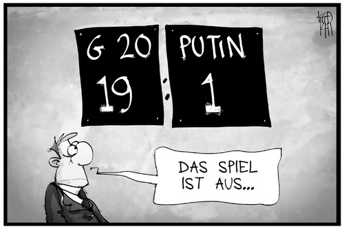 Cartoon: G20 gegen Putin (medium) by Kostas Koufogiorgos tagged karikatur,koufogiorgos,illustration,cartoon,g20,gipfel,brisbane,australien,putin,spiel,spielstand,politik,karikatur,koufogiorgos,illustration,cartoon,g20,gipfel,brisbane,australien,putin,spiel,spielstand,politik
