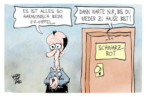 Cartoon: G7 und Schwarz-Rot (medium) by Kostas Koufogiorgos tagged koufogiorgos,karikatur,g7,schwarz,rot,merz,harmonie,koufogiorgos,karikatur,g7,schwarz,rot,merz,harmonie