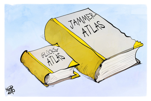Cartoon: Glücksatlas vs. Jammeratlas (medium) by Kostas Koufogiorgos tagged karikatur,koufogiorgos,jammeratlas,glücksatlas,buch,dick,dünn,zufriedenheit,studie,karikatur,koufogiorgos,jammeratlas,glücksatlas,buch,dick,dünn,zufriedenheit,studie