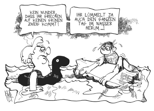 Cartoon: Griechenland (medium) by Kostas Koufogiorgos tagged griechenland,merkel,euro,schulden,krise,wirtschaft,bankrott,urlaub,politik,karikatur,kostas,koufgogiorgos