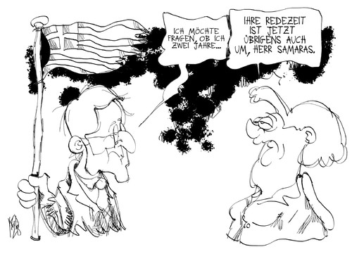 Cartoon: Griechenland (medium) by Kostas Koufogiorgos tagged samaras,griechenland,merkel,deutschland,besuch,zeit,bitte,euro,schulden,krise,europa,karikatur,kostas,koufogiorgos