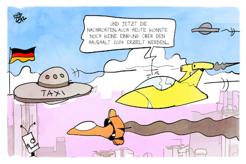 Cartoon: Haushalt 2024 (medium) by Kostas Koufogiorgos tagged karikatur,koufogiorgos,haushalt,zukunft,nachrichten,warten,regierung,ufo,futuristisch,karikatur,koufogiorgos,haushalt,zukunft,nachrichten,warten,regierung,ufo,futuristisch
