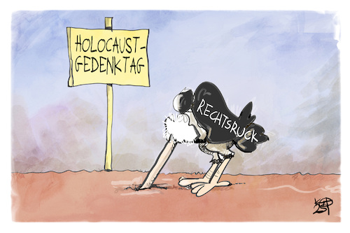 Cartoon: Holocaust-Gedenktag 2025 (medium) by Kostas Koufogiorgos tagged karikatur,koufogiorgos,holocaust,gedenktag,strauss,kopf,sand,rechtsruck,karikatur,koufogiorgos,holocaust,gedenktag,strauss,kopf,sand,rechtsruck