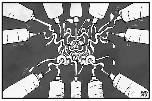 Cartoon: Impfchaos (medium) by Kostas Koufogiorgos tagged karikatur,koufogiorgos,illustration,cartoon,astra,zeneca,impfstoff,virus,pandemie,spritze,chaos,impfchaos,eu,europa,karikatur,koufogiorgos,illustration,cartoon,astra,zeneca,impfstoff,virus,pandemie,spritze,chaos,impfchaos,eu,europa