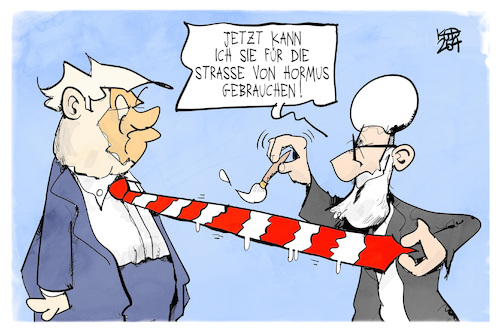 Cartoon: Iran-Krieg (medium) by Kostas Koufogiorgos tagged karikatur,koufogiorgos,iran,krieg,maut,krawatte,strasse,hormus,usa,trump,karikatur,koufogiorgos,iran,krieg,maut,krawatte,strasse,hormus,usa,trump
