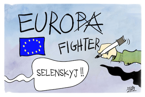 Cartoon: Kampfjets (medium) by Kostas Koufogiorgos tagged karikatur,koufogiorgos,ukraine,eurogipfel,eurofighter,selenskyj,karikatur,koufogiorgos,ukraine,eurogipfel,eurofighter,selenskyj