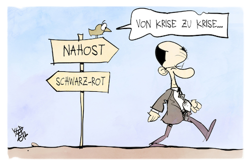 Cartoon: Krisenkanzler (medium) by Kostas Koufogiorgos tagged karikatur,koufogiorgos,krise,kanzler,merz,schwarzrot,nahost,karikatur,koufogiorgos,krise,kanzler,merz,schwarzrot,nahost