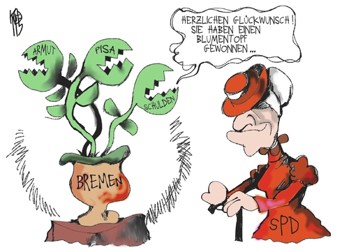 Cartoon: Landtagswahl Bremen (medium) by Kostas Koufogiorgos tagged bremen,landtagswahl,tante,arbeitslosigkeit,bildung,schulden,probleme,senat,pisa,armut