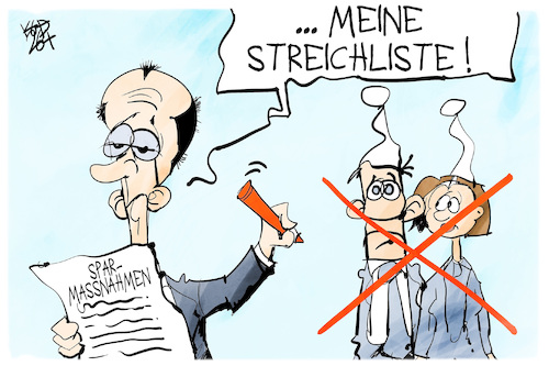 Cartoon: Merzens Streichliste (medium) by Kostas Koufogiorgos tagged karikatur,koufogiorgos,sparmassnahmen,michel,bürger,merz,streichliste,karikatur,koufogiorgos,sparmassnahmen,michel,bürger,merz,streichliste