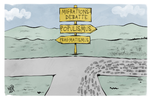 Cartoon: Migrationsdebatte (medium) by Kostas Koufogiorgos tagged karikatur,koufogiorgos,migration,debatte,weg,wegweiser,pragmatismus,populismus,karikatur,koufogiorgos,migration,debatte,weg,wegweiser,pragmatismus,populismus