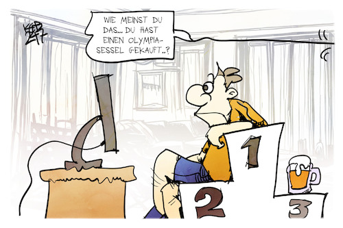 Cartoon: Olympia 2024 (medium) by Kostas Koufogiorgos tagged karikatur,koufogiorgos,olympia,fernsehen,sessel,bier,karikatur,koufogiorgos,olympia,fernsehen,sessel,bier