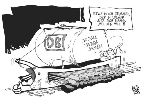 Cartoon: Personalnotstand bei der Bahn (medium) by Kostas Koufogiorgos tagged bahn,db,krankenstand,personal,arbeitgeber,karikatur,koufogiorgos,bahn,db,krankenstand,personal,arbeitgeber,karikatur,koufogiorgos