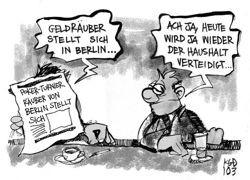 Cartoon: Räuber (medium) by Kostas Koufogiorgos tagged haushalt,bundestag,debatte,politik,innenpolitik,räuber,poker,turnier,berlin,etat,schulden,geld,schäuble,finanzen