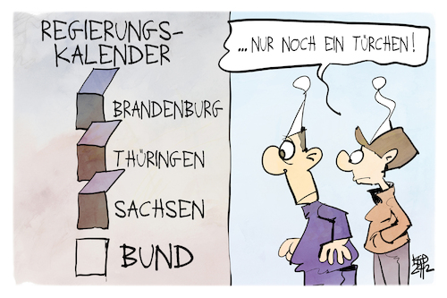 Cartoon: Regierungskalender (medium) by Kostas Koufogiorgos tagged karikatur,koufogiorgos,wahl,regierung,brandenburg,thüringen,sachsen,bund,kalender,karikatur,koufogiorgos,wahl,regierung,brandenburg,thüringen,sachsen,bund,kalender