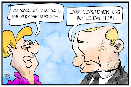 Cartoon: Russland-Deutschland (medium) by Kostas Koufogiorgos tagged karikatur,koufogiorgos,illustration,cartoon,putin,merkel,russland,deutschland,sprache,beziehung,verstehen,verstaendnis,politik,konflikt,karikatur,koufogiorgos,illustration,cartoon,putin,merkel,russland,deutschland,sprache,beziehung,verstehen,verstaendnis,politik,konflikt